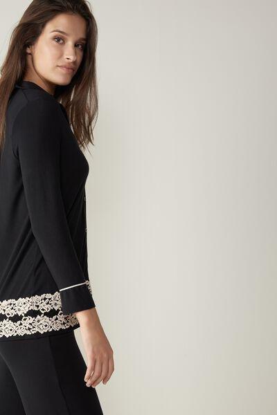 أسود / عاجي قميص بيجامة ورد جميل ، نسائي, Black/ivory, medium