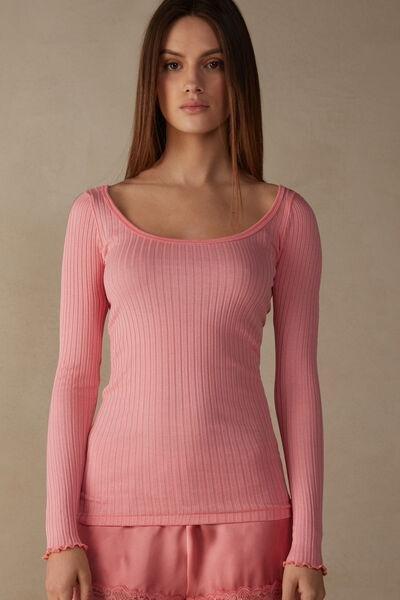 Pink Tubular-Knit Silk-Cotton Scoop Neck Top, , large image number 0