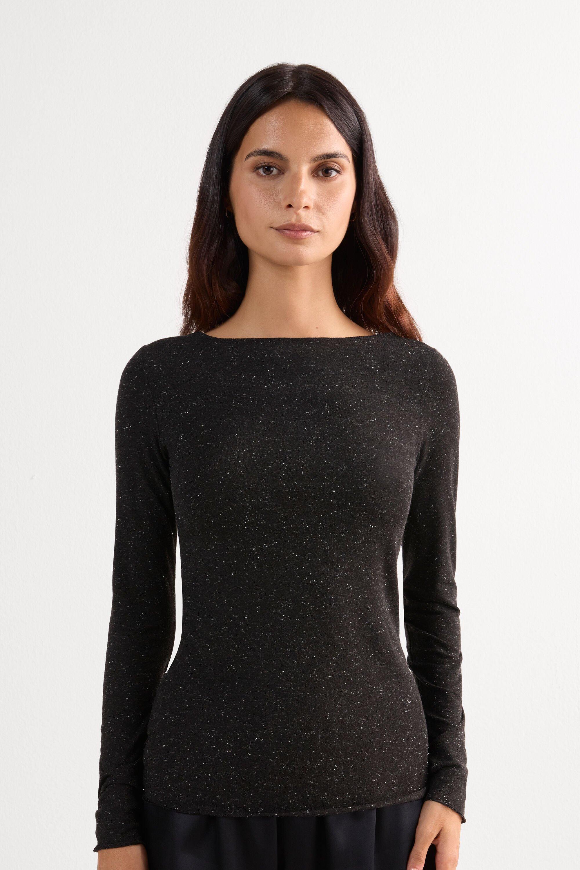 Black Lame Ultralight Modal Boat-Neck Top, 5601_5079, large image number 2