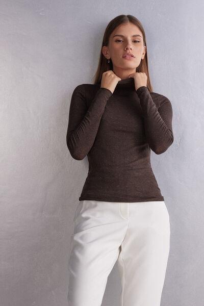 Navy High Collar Modal Cashmere Shirt, 5601_452J, large image number 1
