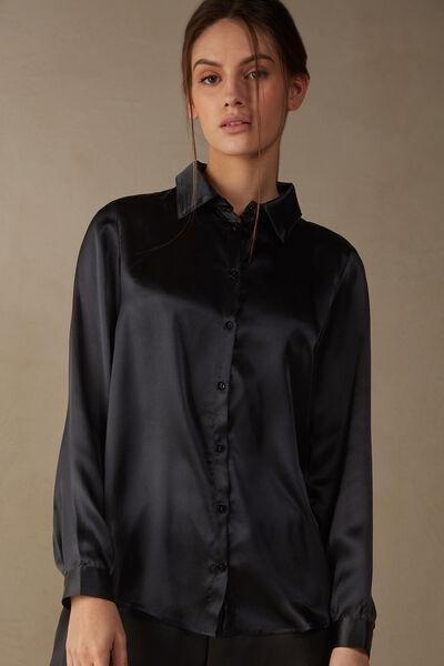Black Long-Sleeved Silk Top, , large image number 0