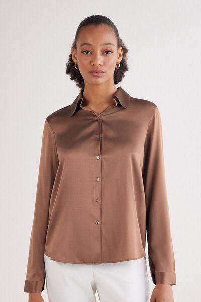 Beige Long-Sleeved Silk Shirt, , large image number 0