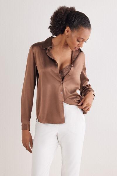 Beige Long-Sleeved Silk Shirt, , large image number 1