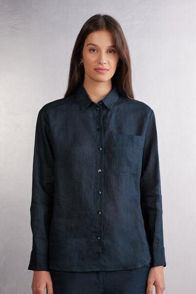 Navy Plain-Weave Linen Shirt, , large image number 0