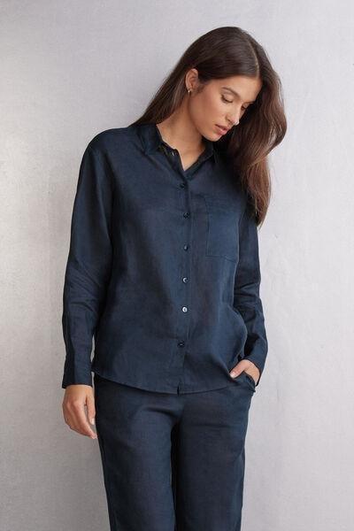 Navy Plain-Weave Linen Shirt, , large image number 1