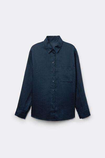 Navy Plain-Weave Linen Shirt, , large image number 2