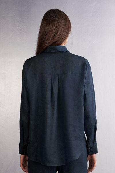 Navy Plain-Weave Linen Shirt, , large image number 3