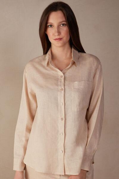 Beige Plain-Weave Linen Shirt, , large image number 0