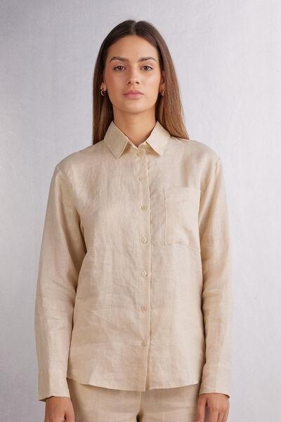 Beige Plain-Weave Linen Shirt, , large image number 0