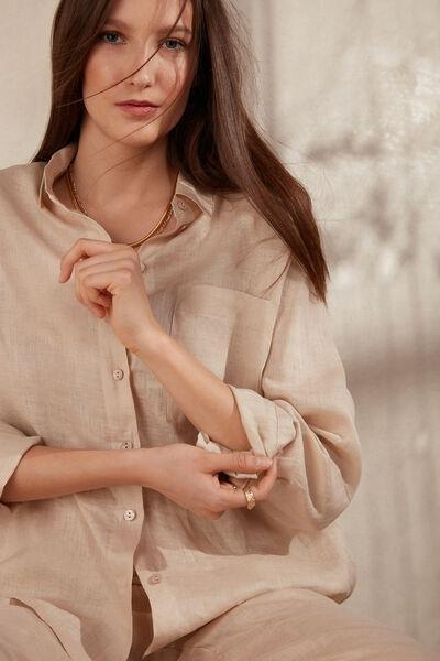 Beige Plain-Weave Linen Shirt, , large image number 1