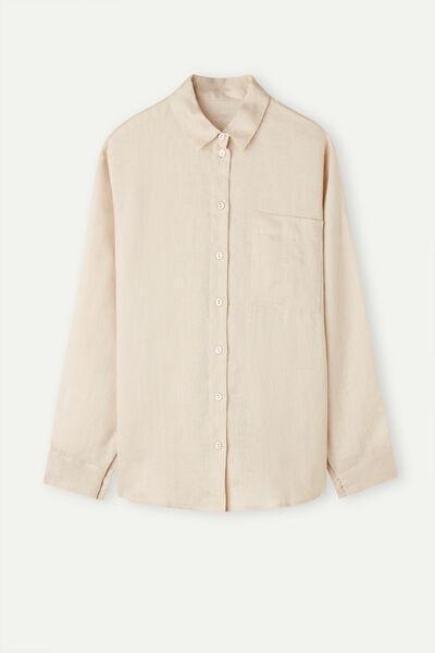Beige Plain-Weave Linen Shirt, , large image number 2