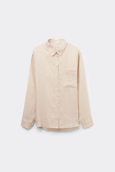 Beige Plain-Weave Linen Shirt, , large image number 2