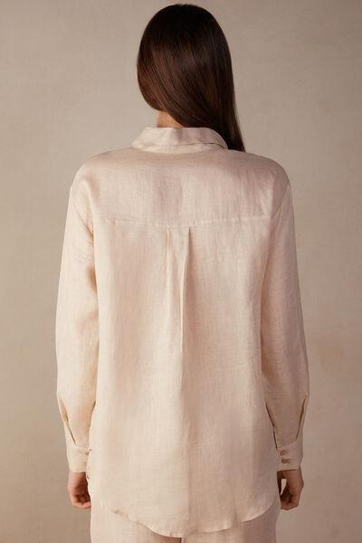 Beige Plain-Weave Linen Shirt, , large image number 3