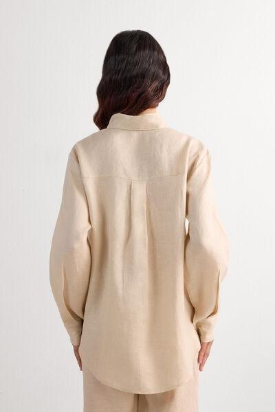 Beige Plain-Weave Linen Shirt, , large image number 3