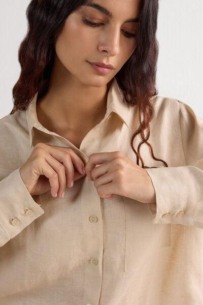 Beige Plain-Weave Linen Shirt, 5601_913I, large image number 5