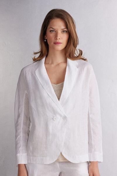 White Double-Breasted Plain Linen Blazer, , large image number 0