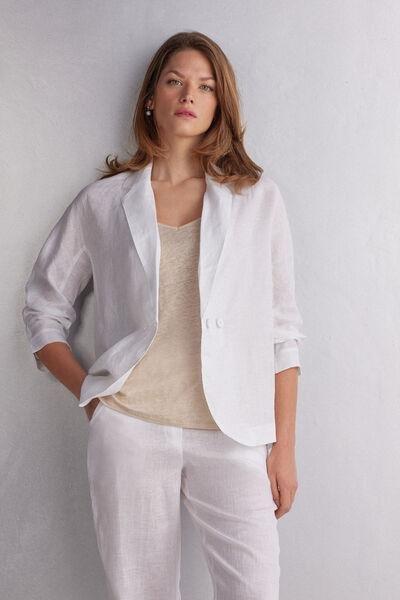 White Double-Breasted Plain Linen Blazer, , large image number 1