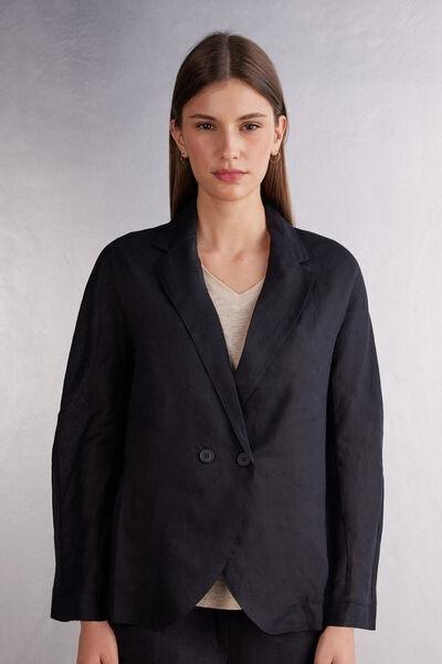 Black Double-Breasted Plain Linen Blazer, , large image number 0