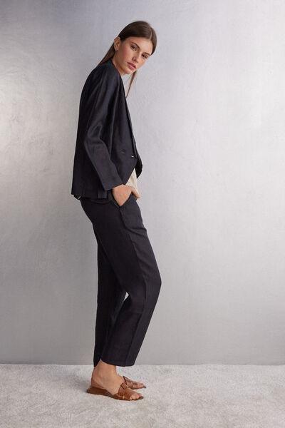 Black Double-Breasted Plain Linen Blazer, , large image number 1