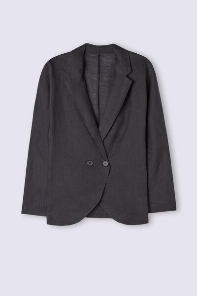 Black Double-Breasted Plain Linen Blazer, , large image number 2