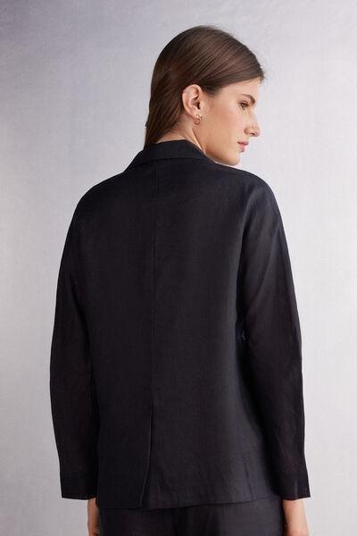 Black Double-Breasted Plain Linen Blazer, , large image number 3