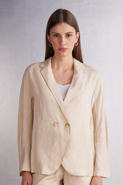 Beige Linen Cloth Double Breasted Jacket, , medium