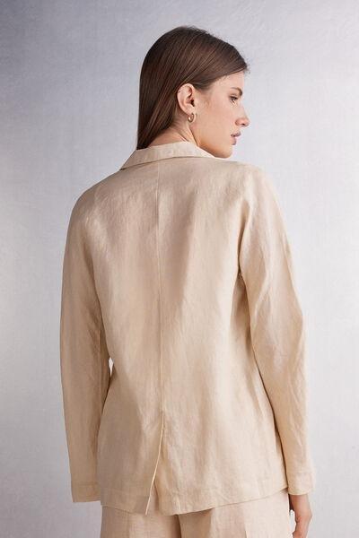 Beige Linen Cloth Double Breasted Jacket, 5601_913I, large image number 3