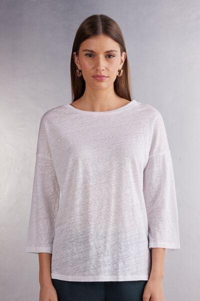 White Boat Neck Linen Top, White, large image number 0