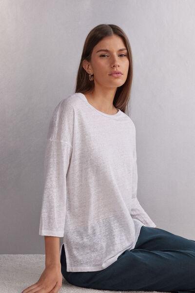 White Boat Neck Linen Top, White, large image number 1