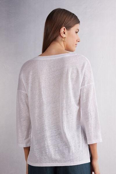 White Boat Neck Linen Top, White, large image number 3