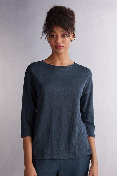 Navy Linen Bateau Neck Top, 5601_243J, large image number 0