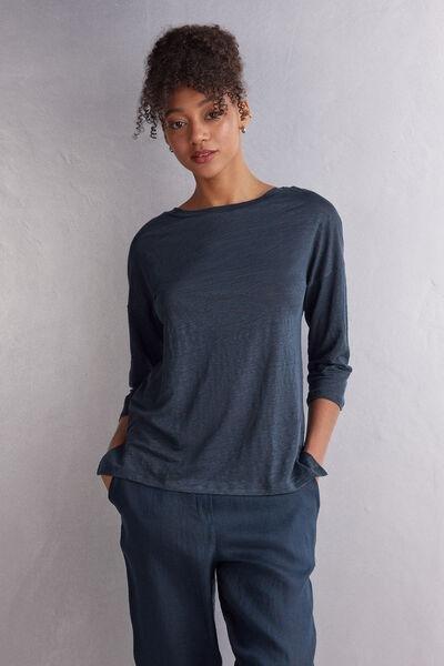 Navy Linen Bateau Neck Top, 5601_243J, large image number 1