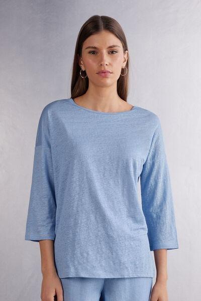 Blue Boat Neck Linen Top, , large image number 0