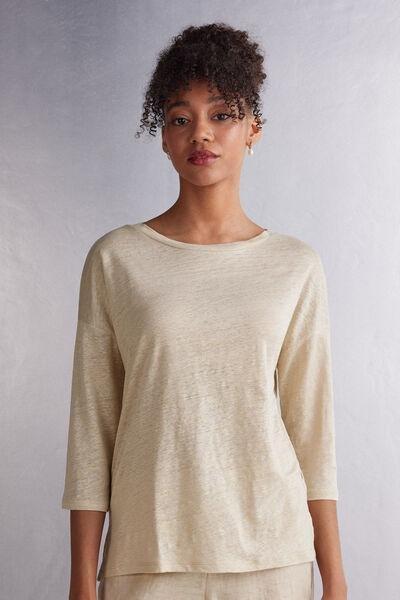 Beige Bateau Neck Linen Top, 5601_913I, large image number 0