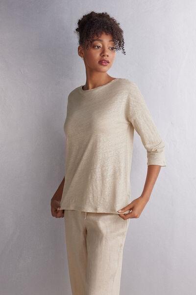 Beige Bateau Neck Linen Top, 5601_913I, large image number 1