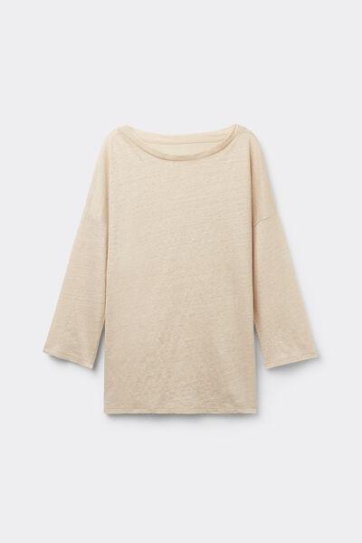 Beige Bateau Neck Linen Top, 5601_913I, large image number 2