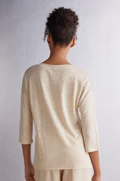 Beige Bateau Neck Linen Top, 5601_913I, large image number 3