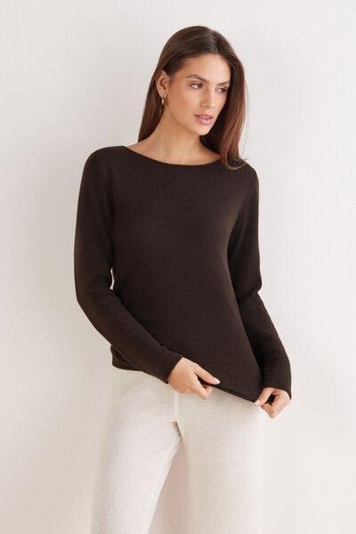 Brown Long-Sleeved 100% Cashmere Top, 5601_174K, medium