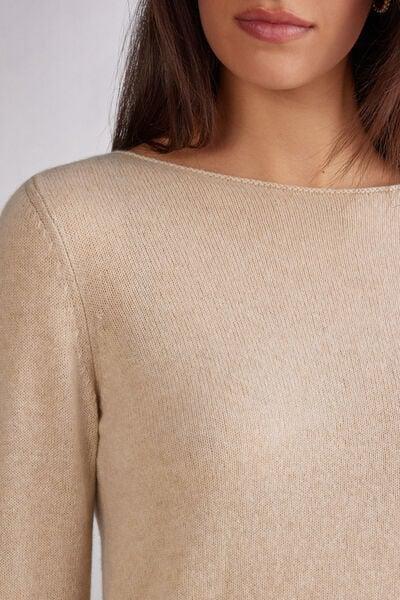 Beige 100% Cashmere Long-Sleeved Top Blouse, 5601_712J, large image number 5
