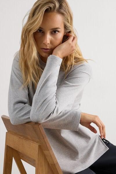 White Long-Sleeved Cotton Top, Light Grey Blend, large image number 0