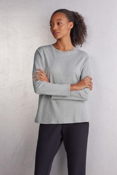 White Long-Sleeved Cotton Top, Light Grey Blend, large image number 1