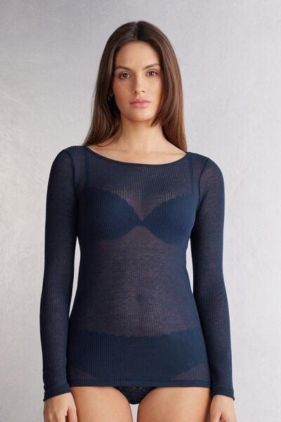 Navy Long-Sleeved Cashmere Blouse, Intense Blue, medium