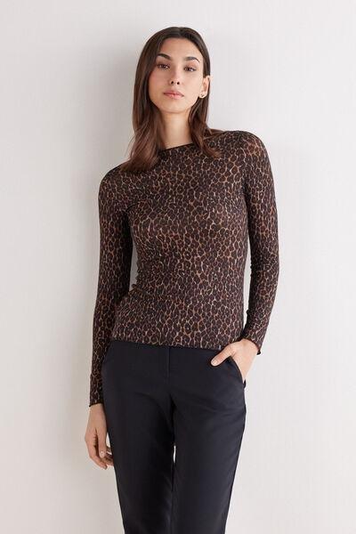 Brown Animal Print Long-Sleeved Top, 5601_944J, large image number 1