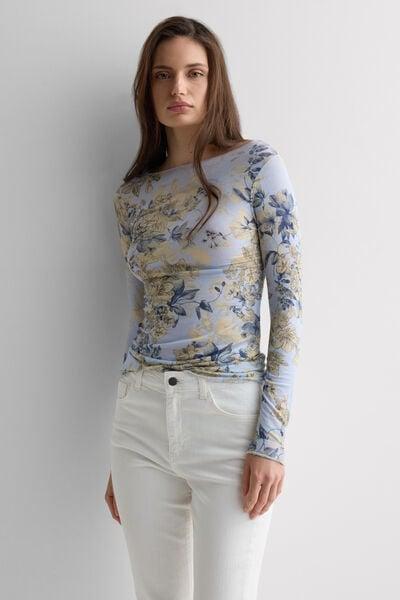 White Printed Long-Sleeved Cashmere Top, 5601_065K, large image number 1