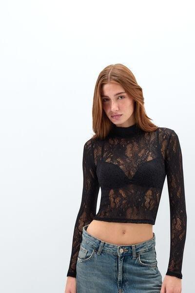 Black Long-Sleeved Stretch Lace Crop Top, Black, large image number 1