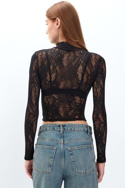Black Long-Sleeved Stretch Lace Crop Top, Black, large image number 2
