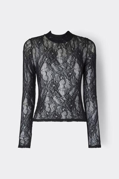 Black Long-Sleeved Stretch Lace Crop Top, Black, large image number 3