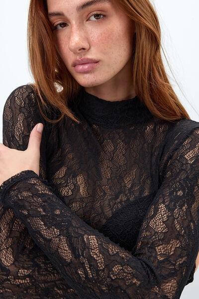 Black Long-Sleeved Stretch Lace Crop Top, Black, large image number 4