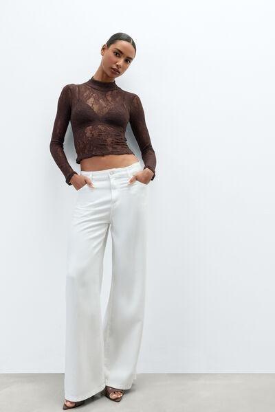 Brown Long-Sleeved Stretch Lace Crop Top, 5601_705J, medium