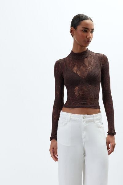 Brown Long-Sleeved Stretch Lace Crop Top, 5601_705J, large image number 1